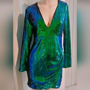 NWOT Akira Chicago Black Label LG.Sequin Dress Long Sleeve Fit Waist ZipUp Back